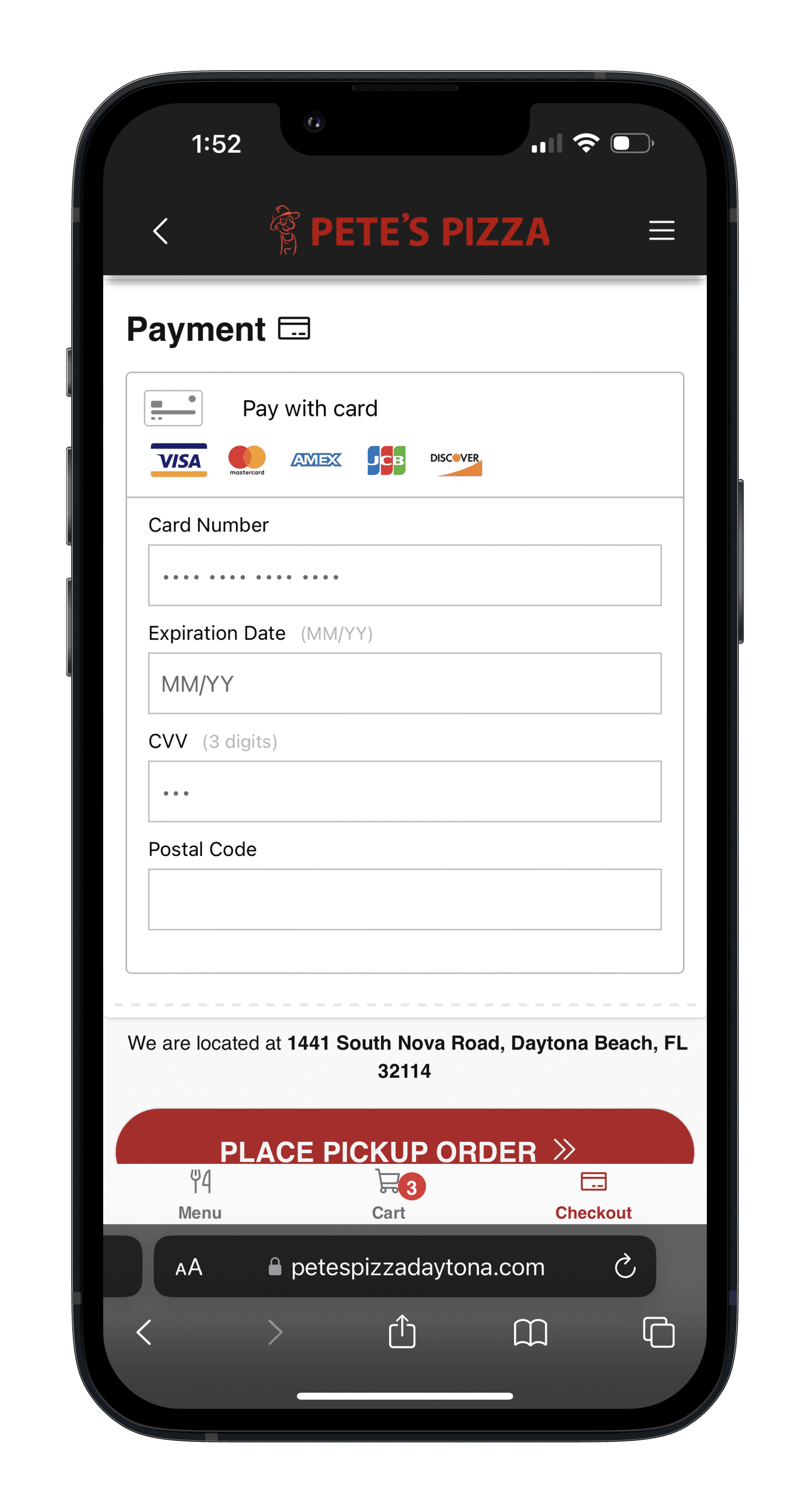 Pizzamico Checkout screen