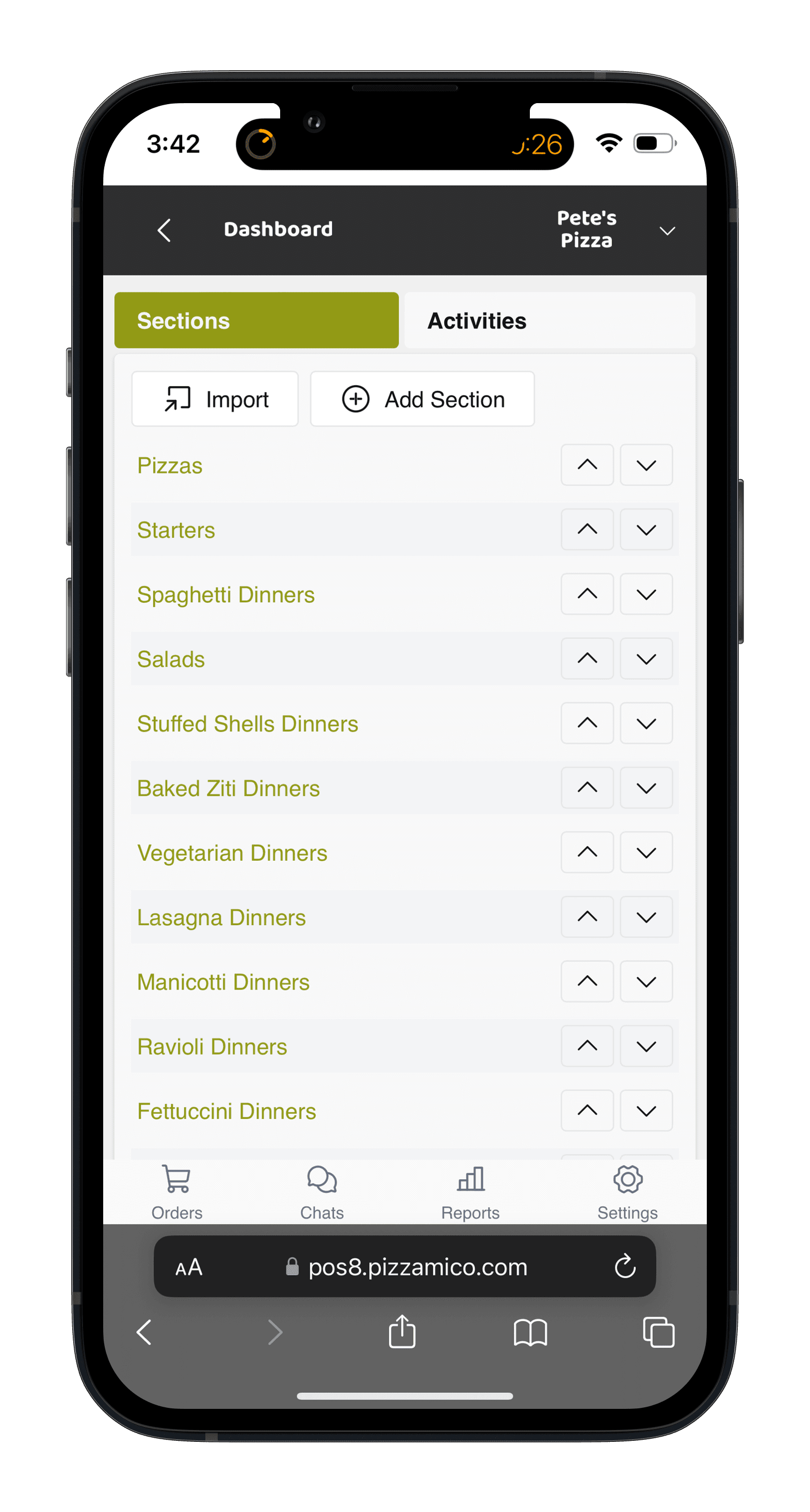 Pizzamico Dashboard screen