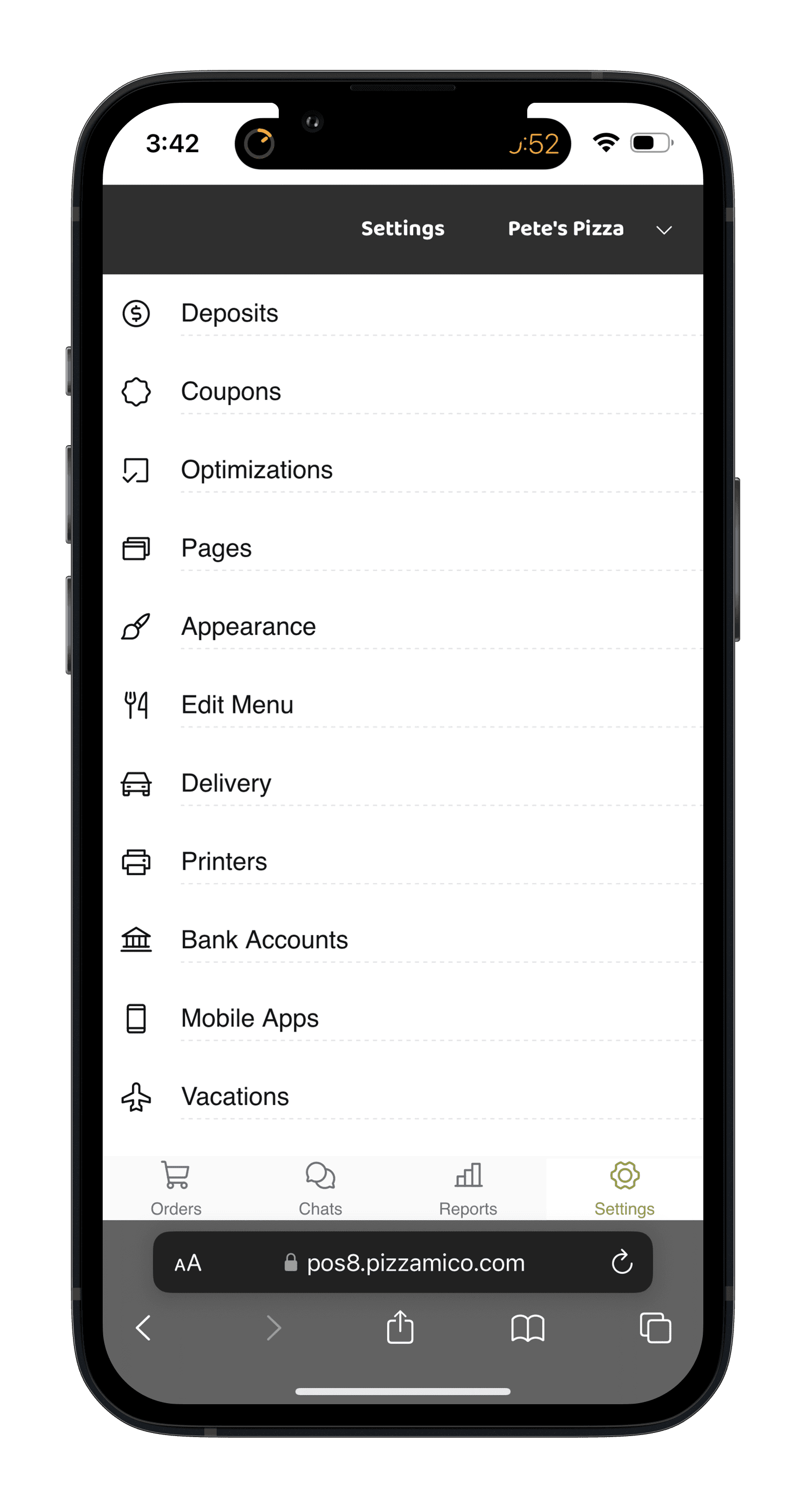 Pizzamico Settings screen